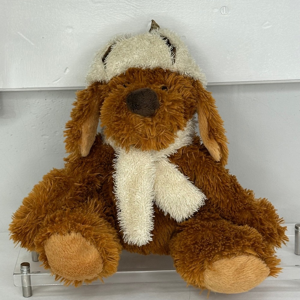 Hugfun International Brown Shaggy Dog Plush Trapper Hat Scarf Winter Puppy 13in